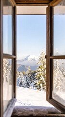 Fototapeta premium Snowy Mountain View from Window