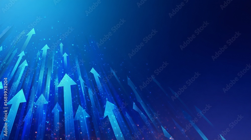Poster a dynamic array of luminous arrows ascends against a vibrant sparkling blue gradient background.