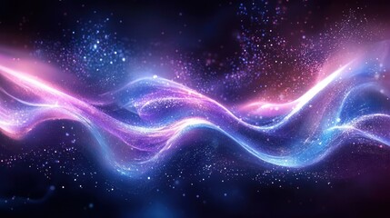 Obraz premium Vibrant flowing wave of light particles in purple and blue hues against a dark cosmic background conveying energy and motion