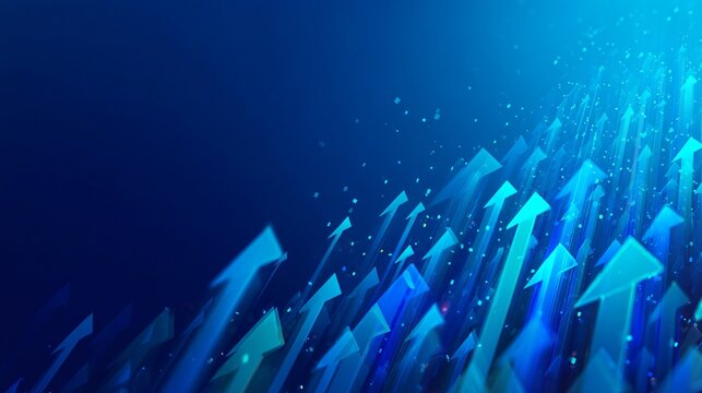 Abstract glowing blue arrows rise diagonally upward, conveying growth and success with energy.