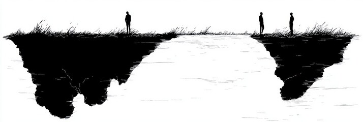 Three silhouetted figures standing on opposite edges of two broken cliff sections separated by a gap, conveying isolation and distance