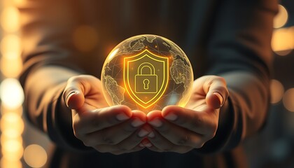 Hands holding glowing digital globe with shield and padlock security symbol earth world