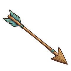 An intricately illustrated arrow, featuring a wooden shaft and a pointed arrowhead, with vibrant turquoise fletching, ideal for archery or hunting purposes.