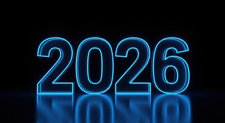 Glowing Neon "2026" on Reflective Surface Against Dark Backdrop