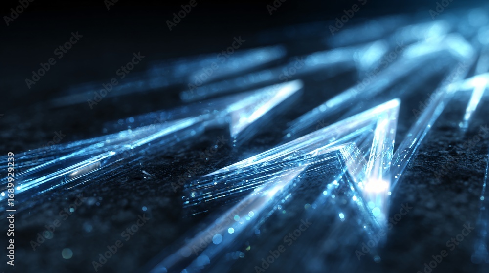 Poster a group of glowing blue arrows ascend from a textured dark surface in a dynamic composition.