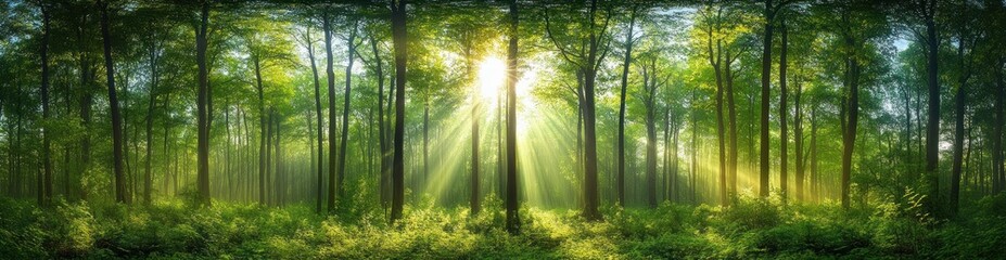 Fototapeta premium Sunlight streaming through tall dense green trees in a vibrant forest with lush undergrowth creating a serene natural atmosphere