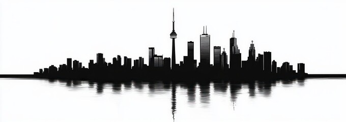 Black and white city skyline silhouette with reflections on calm water conveying serene urban landscape