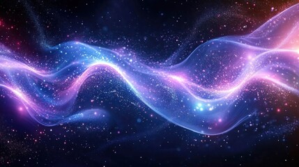 Glowing flowing waves of purple and blue light particles sparkling in a dark cosmic space, evoking a sense of mystery and infinity