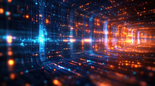 Glowing digital tunnel with blue and orange light grids creating a futuristic and immersive technology environment
