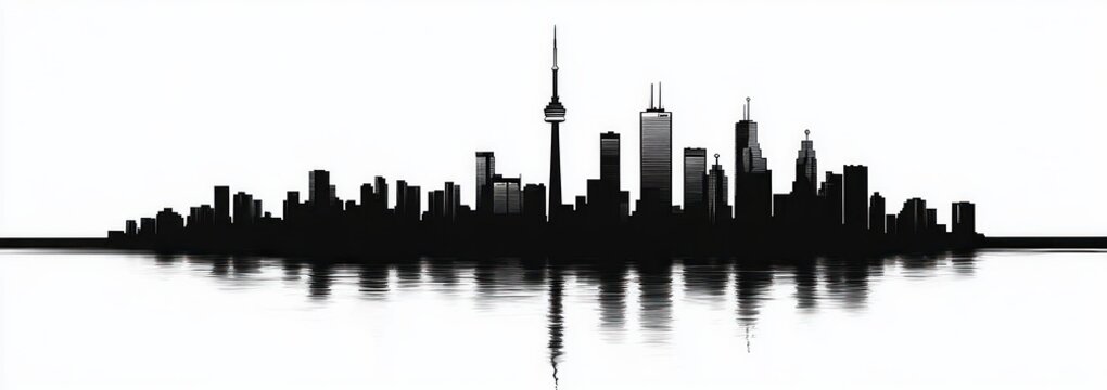 Black and white city skyline silhouette with reflections on calm water conveying serene urban landscape - Powered by Adobe