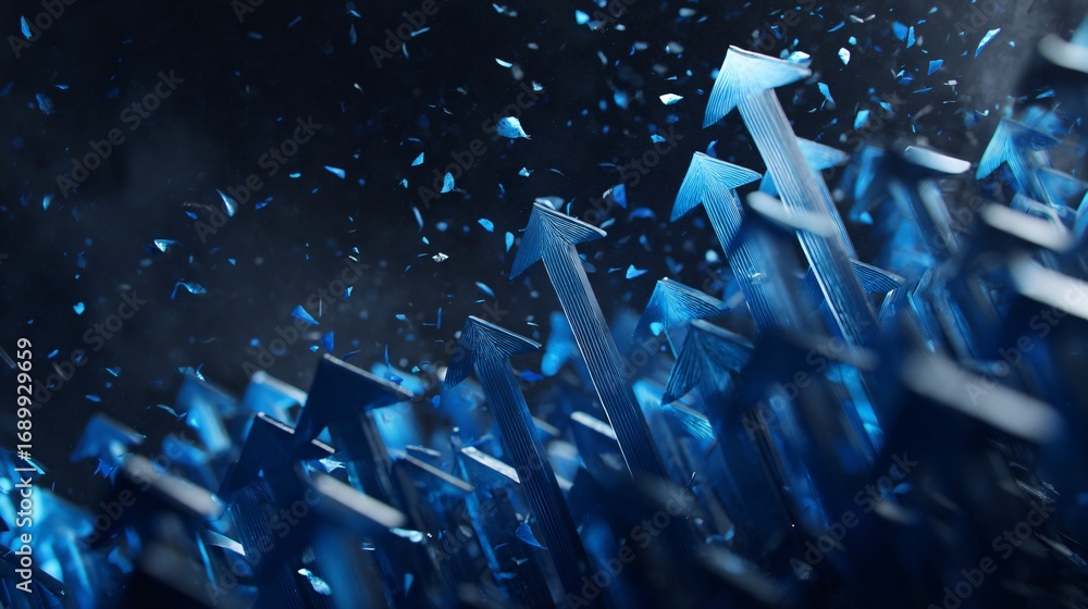 Poster a dynamic cluster of upward-pointing blue arrows rising assertively from a dark, moody surface.