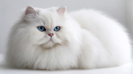 White Persian Cat with Blue Eyes Resting on Light Background