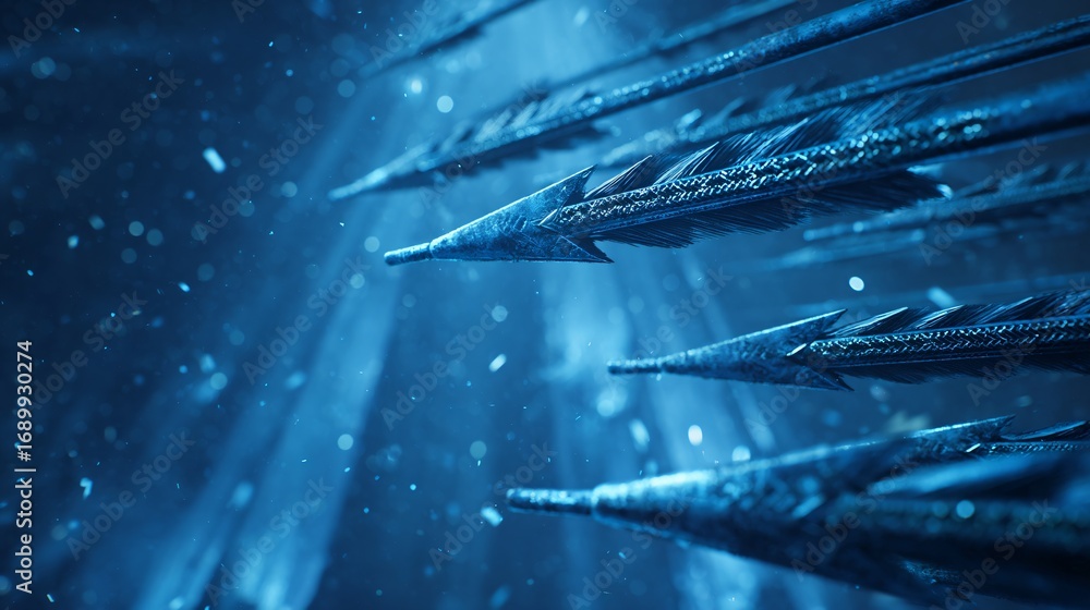 Poster dynamic composition of sparkling blue arrows with intricate designs in a shadowy scene.