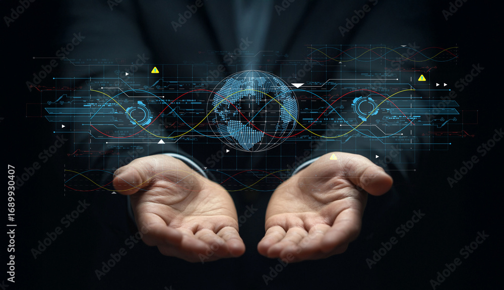 Poster hands offering a digital globe with technology interface elements representing global connectivity a