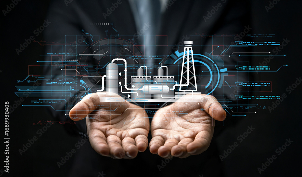Poster hands holding digital representation of industrial facility visualization with technology elements a