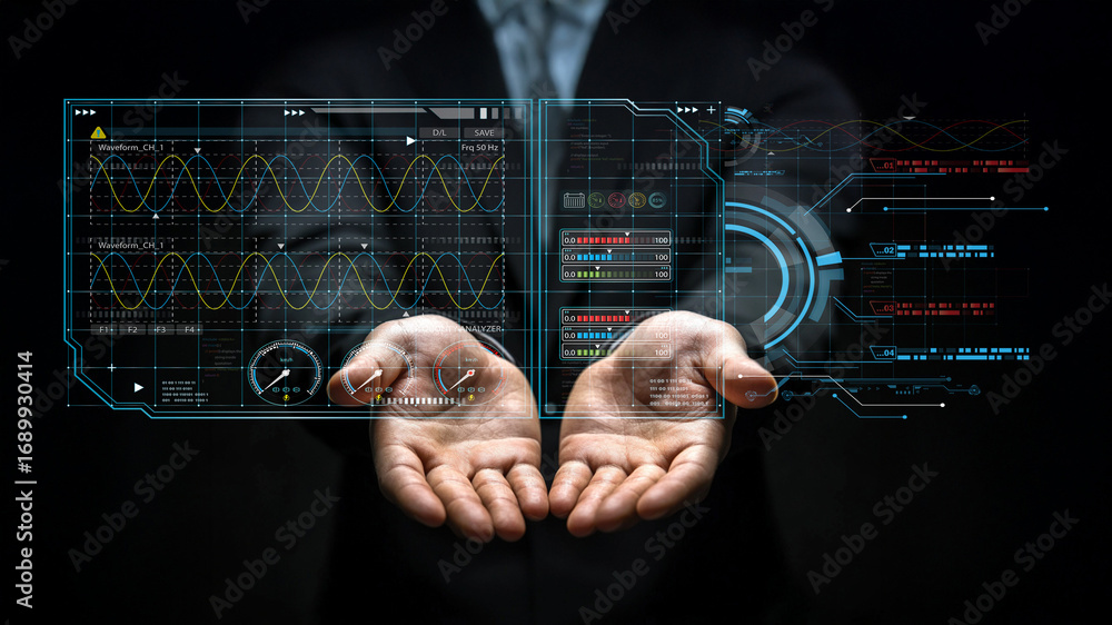 Poster hands holding digital interface with data graphs and analytics overlays in a futuristic business env