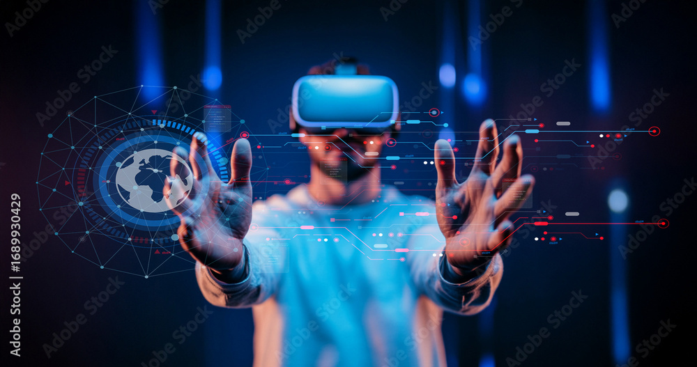 Poster person in virtual reality headset reaching out with hands surrounded by digital elements and abstrac