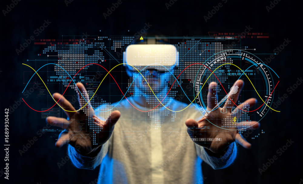 Poster person wearing virtual reality headset interacting with digital interface of world map and data visu