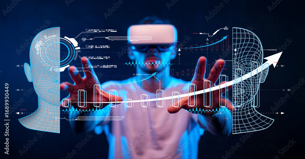 Aufkleber futuristic virtual reality experience with user interacting and data visualization in atmospheric di