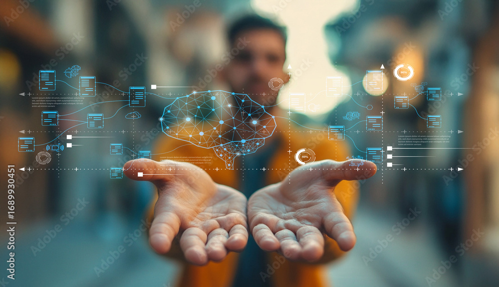 Poster hands of a man showcasing data visualization concept with abstract digital graphics in background on