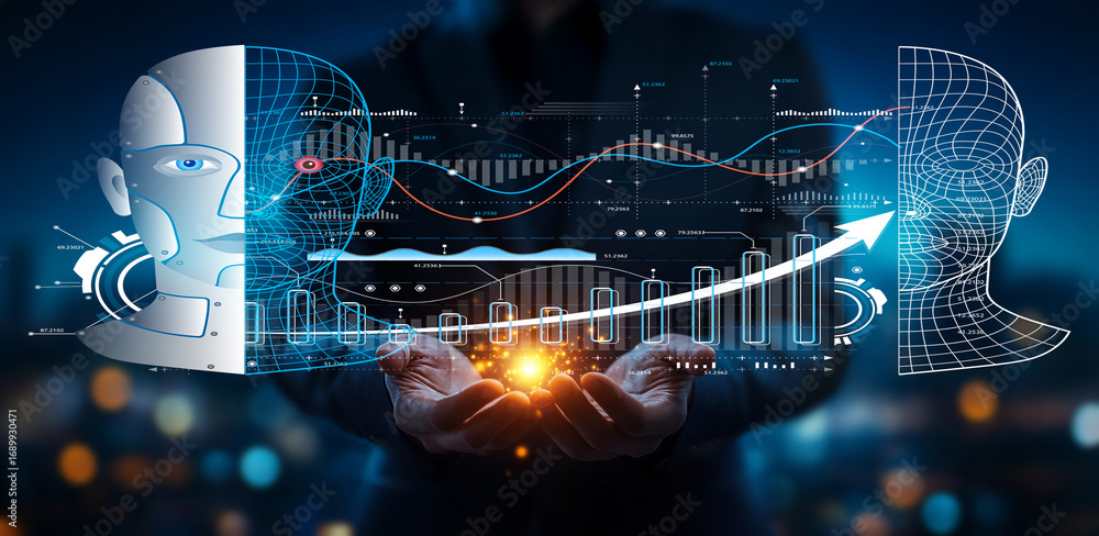 Poster futuristic businessman presenting data analysis and artificial intelligence with digital interfaces 