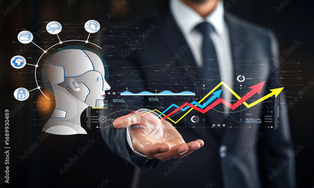 Poster businessman interacting with artificial intelligence interface showing data analytics and growth tre