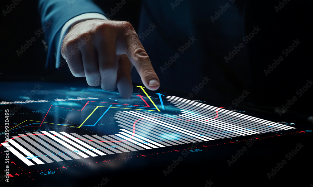 Poster businessman analyzing digital graph on touchscreen interface with financial data visualization and g