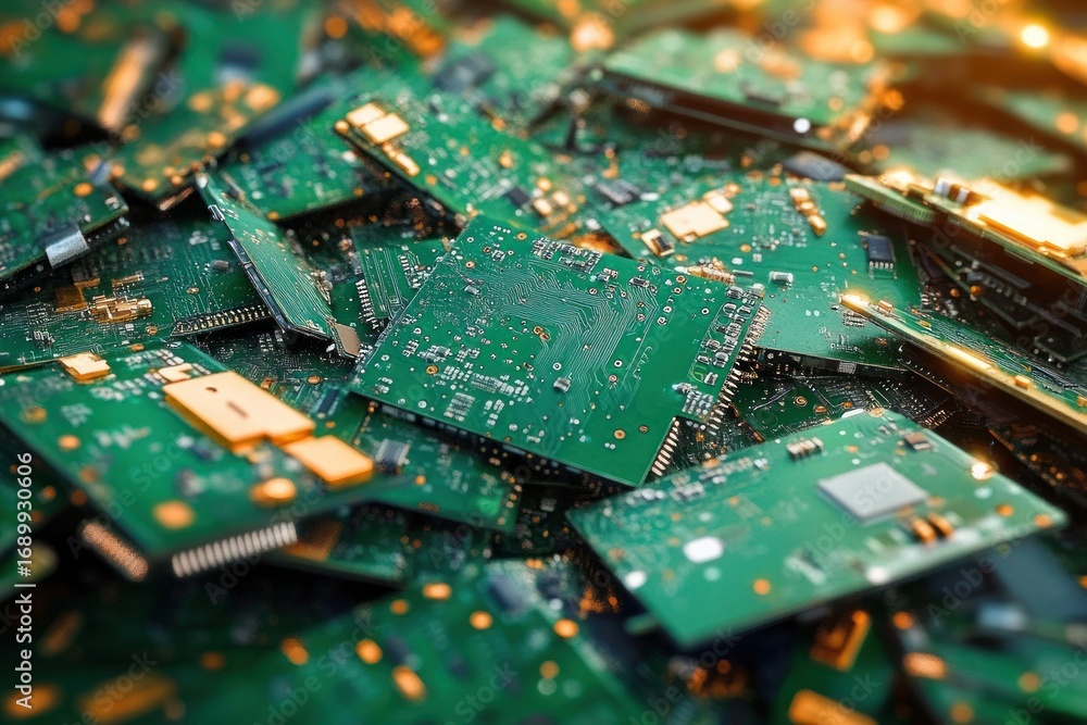Poster close-up view of a pile of green circuit boards with electronic components scattered and layered, il