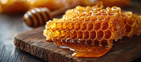 Close-up of golden honeycomb pieces with dripping honey on a rustic wooden surface creating a warm and natural atmosphere