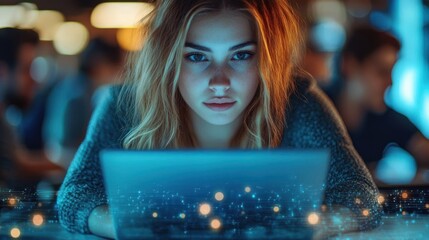 Focused young woman with blonde hair looking intently at a glowing laptop screen in a dimly lit environment with blurred background figures and digital effects