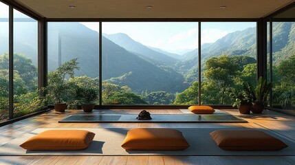 Serene meditation space with floor cushions and yoga mats in a room with large glass windows overlooking lush green mountains under a clear sky