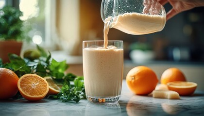 Creamy smoothie being poured into a glass surrounded by fresh oranges, orange slices, and green leafy herbs on a kitchen countertop with warm natural light