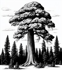 Detailed black and white illustration of a large majestic tree with dense foliage surrounded by smaller evergreen trees under a partly cloudy sky