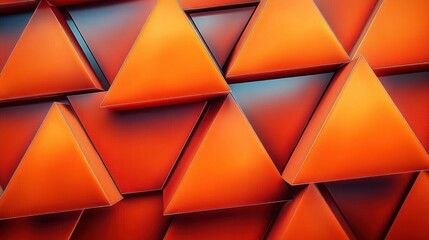 Close-up view of overlapping sharp-edged orange and red 3D triangular prisms creating a geometric abstract pattern with depth and shadow