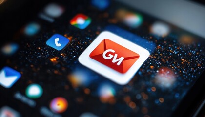 Close-up of a smartphone screen displaying a red and white envelope icon labeled 'GM' among other blurred app icons on a dark starry background