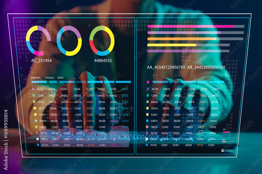 Poster professional analysis of colorful data charts and graphs on a futuristic computer display for busine