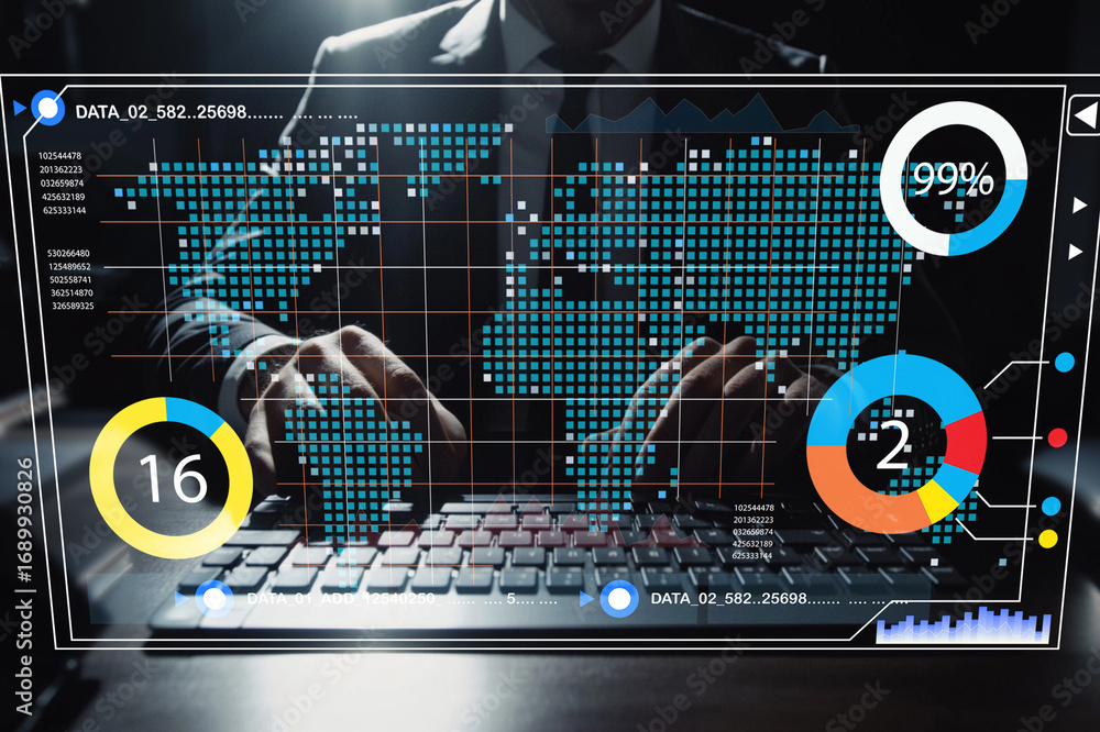 Poster business professional analyzing data on futuristic digital screen with global map and graphical elem