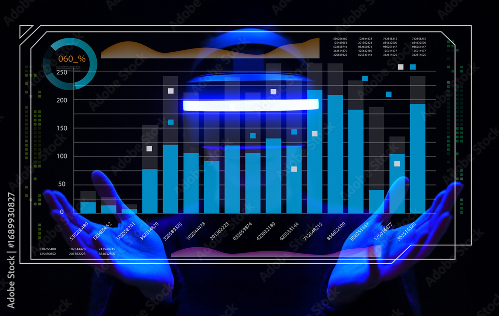 Poster Futuristic Data Visualization with Digital Bar Graph and Human Hands in Blue Light Environment Displaying Technology and Analytics Concepts