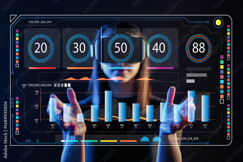 Poster woman in virtual reality glasses interacting with futuristic data visualization on a holographic scr