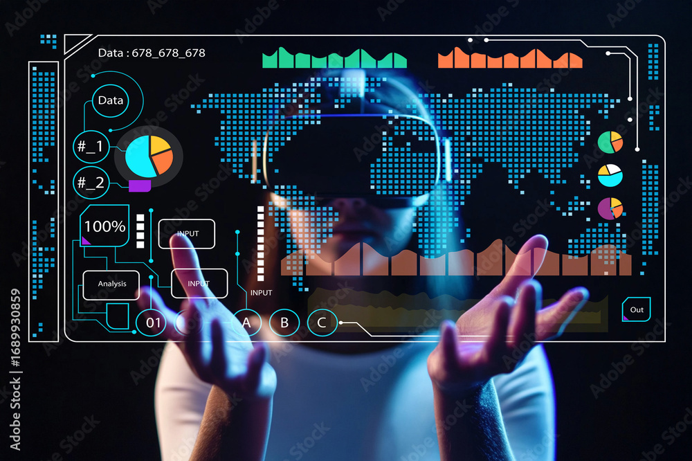 Poster futuristic data analysis in virtual reality with user interacting with digital charts and graphs for