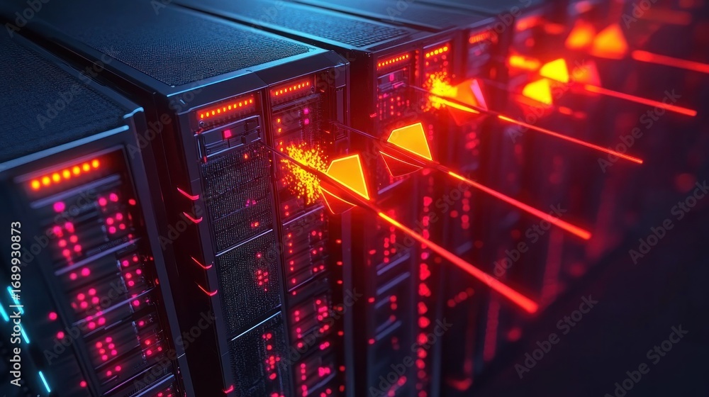 Poster row of black server racks with illuminated red and orange digital lights and beams in a dark high-te