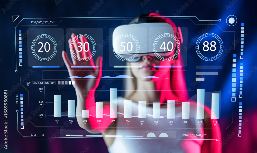 Poster woman using virtual reality headset with interactive data visualization and technology interface in 