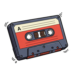 Fototapeta premium An illustrated cassette tape, a relic of the past, with a red label and a visible 'A' marking, representing vintage audio technology and music playback, isolated on a white background.