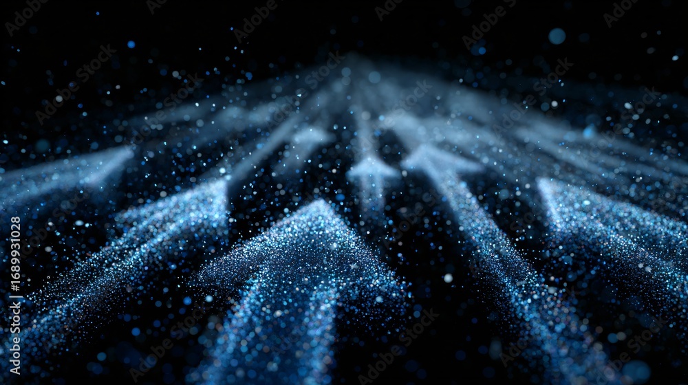 Poster vibrant blue sparkling arrows create depth and upward motion in the dark space.