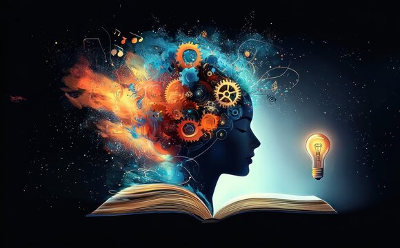 Silhouette of a human head filled with colorful mechanical gears and artistic elements emerging from an open book, symbolizing creativity and ideas with a glowing light bulb nearby