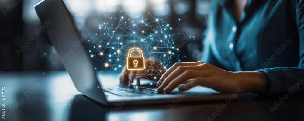 Poster person typing on a laptop with digital network and glowing lock icon symbolizing cybersecurity and d