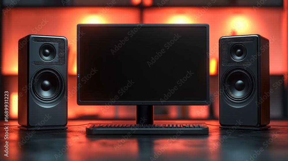 Poster modern black computer monitor with keyboard flanked by two large black speakers on a dark surface wi
