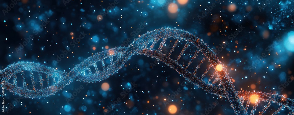 Poster close-up view of a glowing blue and orange dna double helix structure floating in a dark space fille