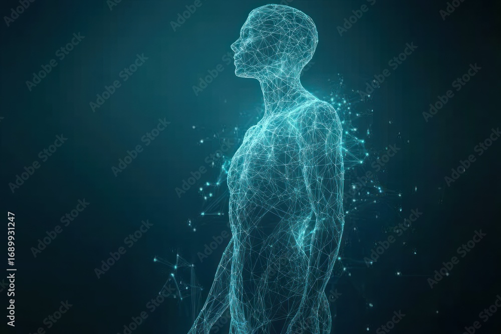 Poster digital wireframe human figure composed of interconnected glowing blue nodes and lines on a dark bac