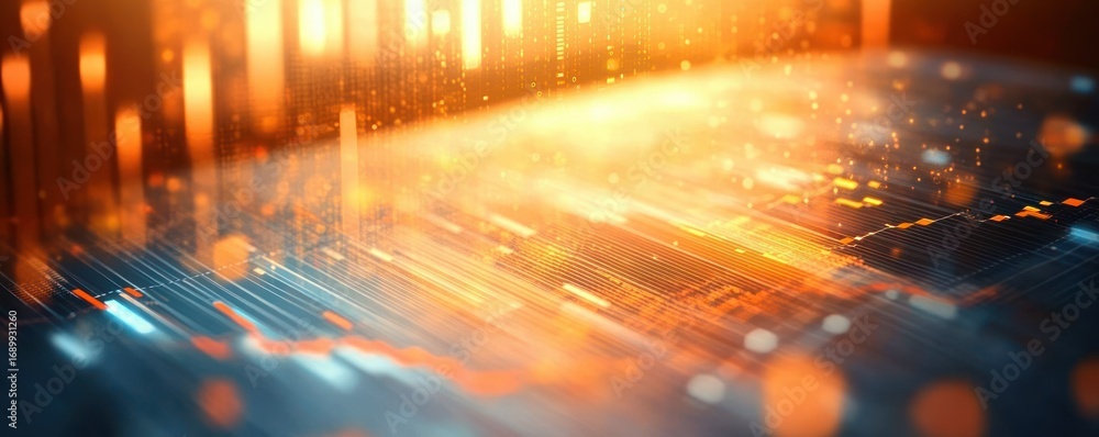 Poster close-up of futuristic digital data display with glowing orange and blue lights and abstract lines c